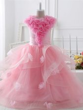  Baby Pink Tulle Zipper Girls Pageant Dresses Sleeveless Floor Length Ruffles and Hand Made Flower