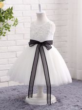 Lovely Mini Length White Kids Pageant Dress Tulle Sleeveless Lace and Bowknot