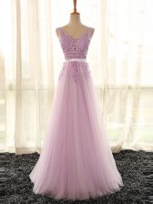 Custom Fit Lilac Tulle Lace Up Quinceanera Court Dresses Sleeveless Floor Length Appliques