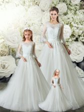 New Style White Zipper V-neck Lace Vestidos de Quinceanera Tulle Sleeveless Court Train