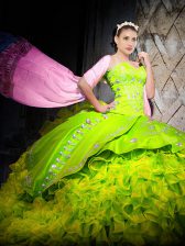 Customized Sweetheart Sleeveless Quinceanera Dresses Brush Train Embroidery and Ruffles Yellow Green Organza