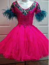  Fuchsia A-line Beading and Sequins Prom Evening Gown Zipper Organza Short Sleeves Mini Length