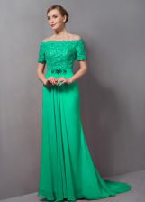 New Arrival Green Chiffon Sweep Train Short Sleeves Lace