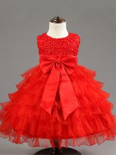 Simple Red Sleeveless Knee Length Ruffled Layers and Bowknot Zipper Girls Pageant Dresses