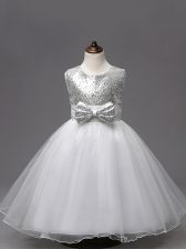  White Little Girl Pageant Dress Wedding Party with Sequins and Bowknot Scoop Sleeveless Zipper