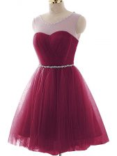 High End Mini Length Burgundy Tulle Sleeveless Beading and Ruffles
