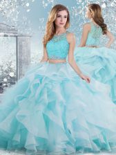 Amazing Floor Length Clasp Handle Quinceanera Gown Aqua Blue for Military Ball and Sweet 16 and Quinceanera with Beading and Ruffles