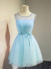  Aqua Blue Lace Up Scoop Belt Dama Dress for Quinceanera Tulle Sleeveless