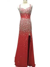 Beautiful Burgundy Prom Dress Chiffon Brush Train Sleeveless Beading