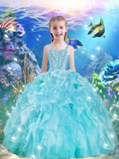  Sleeveless Organza Floor Length Lace Up Little Girl Pageant Gowns in Aqua Blue with Beading and Ruffles