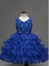 New Style Royal Blue Ball Gowns Lace and Ruffled Layers and Bowknot Child Pageant Dress Zipper Organza Sleeveless Knee Length