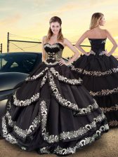 Shining Black Taffeta Lace Up Sweetheart Sleeveless Floor Length Vestidos de Quinceanera Embroidery and Ruffled Layers