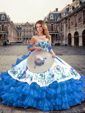  Blue And White Lace Up Quince Ball Gowns Embroidery and Ruffled Layers Sleeveless Floor Length