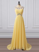  Yellow Chiffon Clasp Handle Scoop Sleeveless Prom Dresses Brush Train Beading and Ruching