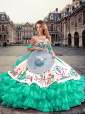 Cute Turquoise Sleeveless Embroidery and Ruffled Layers Floor Length Quince Ball Gowns