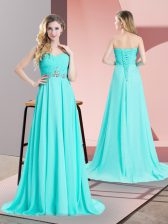 Fantastic Sweetheart Sleeveless Prom Gown Brush Train Beading and Ruching Aqua Blue Chiffon