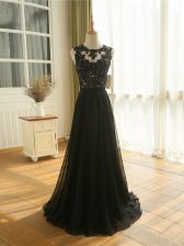  Scoop Sleeveless Prom Party Dress Floor Length Lace and Appliques Black Tulle
