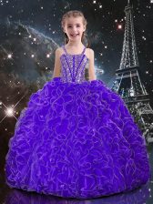 Eggplant Purple Lace Up Child Pageant Dress Beading and Ruffles Sleeveless Floor Length
