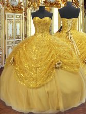 Perfect Gold Ball Gowns Tulle Sweetheart Sleeveless Pick Ups and Hand Made Flower Floor Length Lace Up Quinceanera Gowns