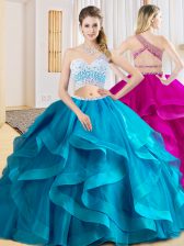  Baby Blue Tulle Criss Cross Sweet 16 Dress Sleeveless Floor Length Beading and Ruffles