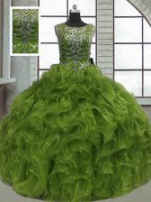 Admirable Ball Gowns 15 Quinceanera Dress Olive Green Scoop Organza Sleeveless Floor Length Lace Up
