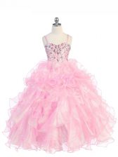 Simple Spaghetti Straps Sleeveless Lace Up Little Girls Pageant Dress Baby Pink Organza