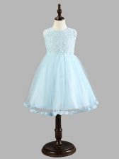 Fancy Sleeveless Knee Length Lace and Bowknot Zipper Kids Formal Wear with Light Blue