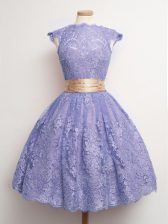 Comfortable Lavender Ball Gowns Belt Damas Dress Lace Up Lace Cap Sleeves Knee Length
