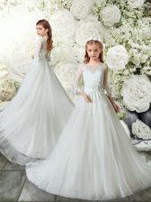  White 3 4 Length Sleeve Brush Train Lace Flower Girl Dresses for Less