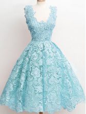 Spectacular Aqua Blue Sleeveless Lace Knee Length Quinceanera Dama Dress