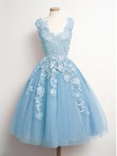 Glittering Light Blue V-neck Neckline Appliques Quinceanera Court Dresses Sleeveless Lace Up