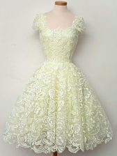  Yellow A-line Lace Straps Cap Sleeves Lace Knee Length Lace Up Dama Dress for Quinceanera