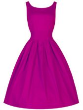 Romantic Fuchsia A-line Scoop Sleeveless Taffeta Knee Length Lace Up Ruching Vestidos de Damas