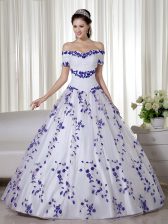  White Ball Gown Prom Dress Military Ball and Sweet 16 and Quinceanera with Embroidery Off The Shoulder Short Sleeves Lace Up