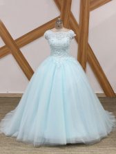 Pretty Scoop Sleeveless Brush Train Zipper Quince Ball Gowns Light Blue Tulle