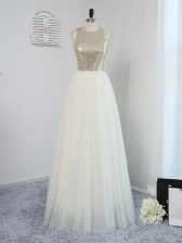 Sequins Quinceanera Dama Dress Light Yellow Backless Sleeveless Floor Length