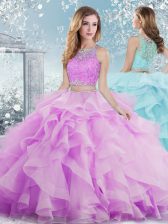  Floor Length Clasp Handle Quinceanera Gown Lilac for Military Ball and Sweet 16 and Quinceanera with Beading and Ruffles