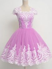 Hot Selling Lilac Zipper Square Lace Quinceanera Dama Dress Tulle Cap Sleeves