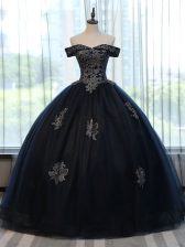 Glittering Floor Length Navy Blue Sweet 16 Quinceanera Dress Off The Shoulder Sleeveless Lace Up