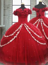 Colorful Wine Red Off The Shoulder Neckline Appliques and Pick Ups Sweet 16 Dresses Sleeveless Lace Up