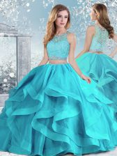 Sumptuous Floor Length Ball Gowns Sleeveless Aqua Blue Sweet 16 Dress Clasp Handle