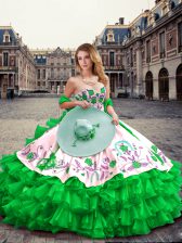  Organza and Taffeta Sweetheart Sleeveless Lace Up Embroidery and Ruffled Layers Quince Ball Gowns in Green