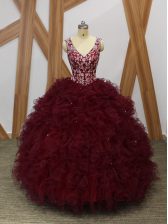  Sleeveless Beading and Ruffles Backless Quinceanera Gowns