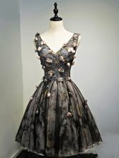Designer Tulle V-neck Sleeveless Lace Up Hand Made Flower Dress for Prom in Black