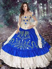 Fitting Royal Blue Off The Shoulder Neckline Embroidery and Ruffled Layers 15 Quinceanera Dress Sleeveless Lace Up