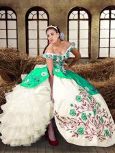  Multi-color Lace Up Off The Shoulder Embroidery and Ruffled Layers Vestidos de Quinceanera Taffeta Sleeveless