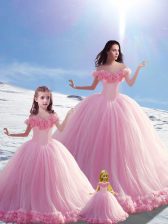 Custom Design Baby Pink Ball Gowns Tulle Off The Shoulder Sleeveless Hand Made Flower Lace Up Quinceanera Gowns Brush Train