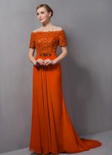 Discount Orange Short Sleeves Sweep Train Lace Homecoming Dress