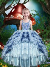 Fantastic Baby Blue Organza Lace Up Pageant Gowns For Girls Sleeveless Floor Length Beading and Ruffles and Ruffled Layers