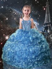 Best Baby Blue Organza Lace Up Girls Pageant Dresses Sleeveless Floor Length Beading and Ruffles